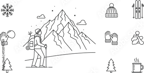 Winter hiking adventure with mountain views and cozy essentials