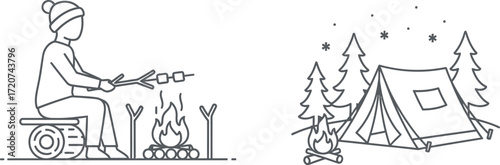 Cozy campfire camping with marshmallow roasting and tent setup