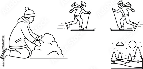 A collection of winter activities shows people enjoying the snow.