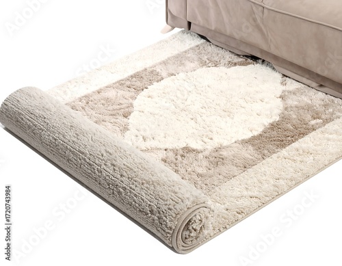 Beige rug rolled out, part on sofa