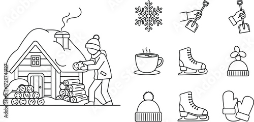 Winter season line icon set, outdoor activity concept
