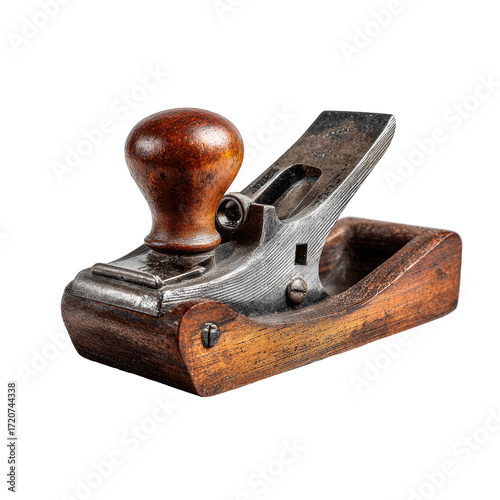 Antique woodworking plane,  wooden handle, metal blade.  Dark, aged,  hand-crafted tools.  Solid,  vintage