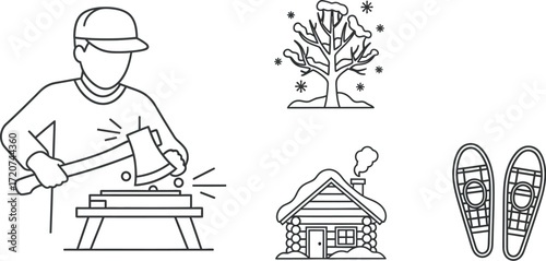 Set of winter activities with woodcutter and snowshoe