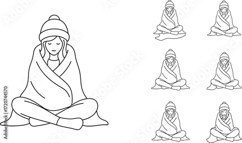 Set of woman wrapped in blanket icons for winter season comfort