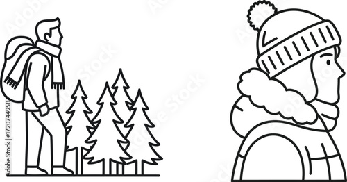 Hiker with backpack in forest and woman in winter hat