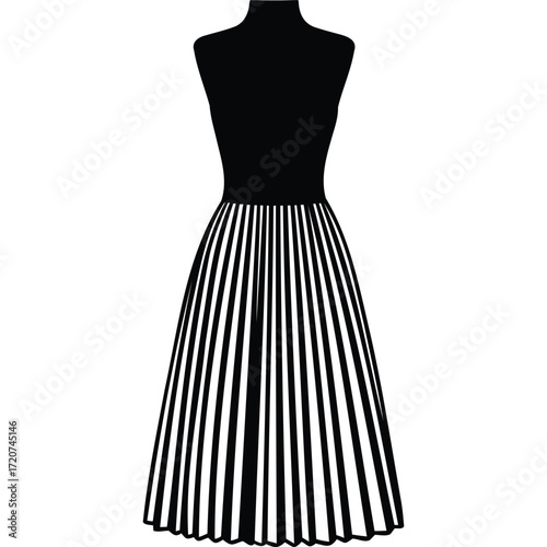 Black and White Pleated Dress on Mannequin skirt fashion clothing vector illustration striped vertical stripes design style apparel