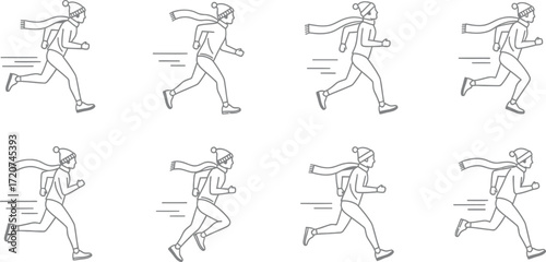 Girl in winter clothes running winter activity set
