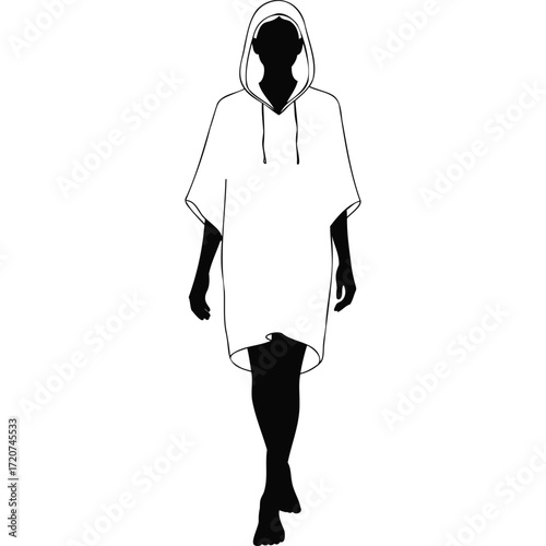 Silhouette of a Person in a Hooded Poncho Walking cape coat dress barefoot black and white line art illustration graphic vector design