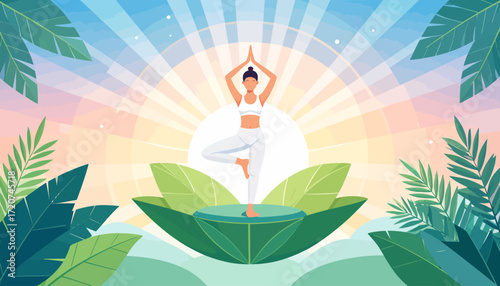 Serene Woman Practicing Yoga Tree Pose Amidst Lush Greenery and Radiant Sunburst