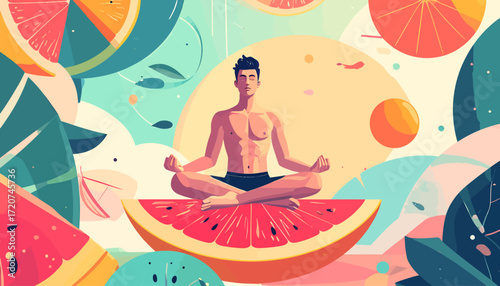 Serene man meditating on a vibrant watermelon slice, enveloped by an abstract, colorful summer fruit landscape, symbolizing tranquility, healthy living, and refreshing wellness