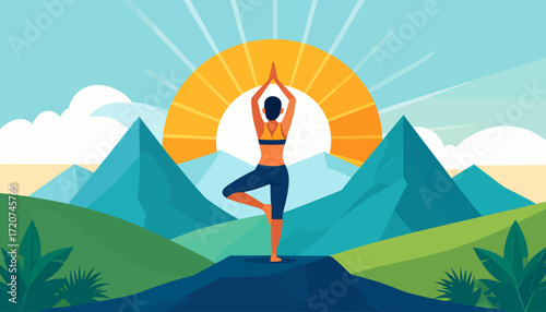 Harmonious Tree Pose Woman Practicing Yoga at Sunrise in a Serene Mountain Landscape