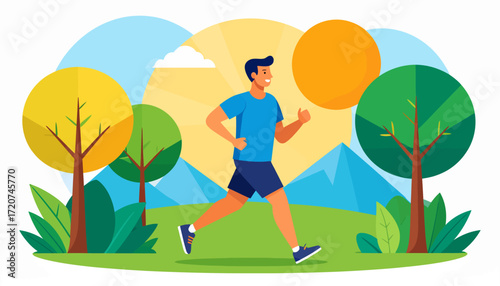 Healthy Lifestyle Man Jogging Outdoors Surrounded by Nature on a Sunny Day