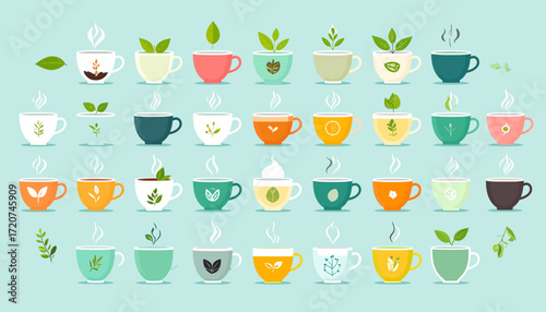A colorful and diverse collection of tea cup illustrations, showcasing a variety of herbal infusions and hot beverages in a flat vector design style