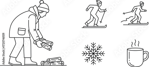 Winter activities line art illustration