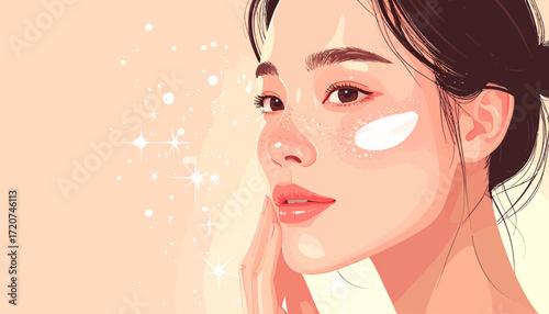 Gentle self-care and beauty concept with a portrait of a woman applying cream, achieving a flawless and luminous glow