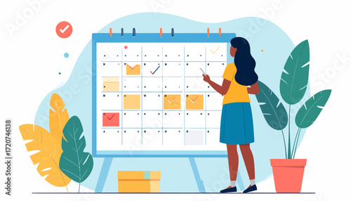 Woman managing her schedule and planning events on a large wall calendar. A conceptual vector illustration of effective time management and productivity