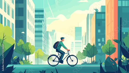 City Commute A Cyclist's Journey Through Urban Landscape Illustration
