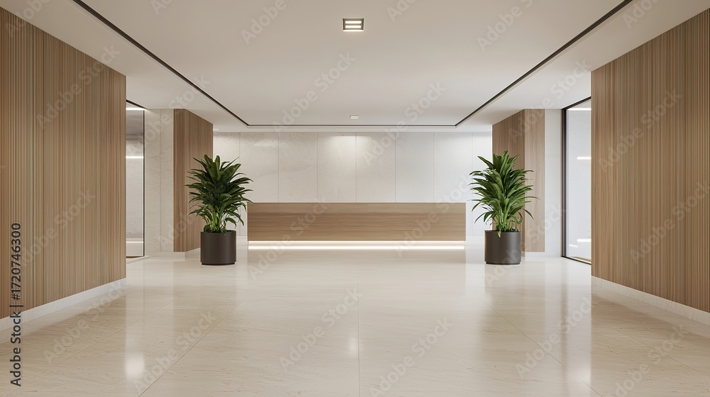 Fototapeta premium Modern minimalist lobby design contemporary office interior photography bright space wide angle visual aesthetics