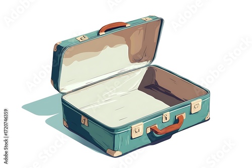 Open Vintage Suitcase with Green Exterior, Brown Handle and Hinge on White Background