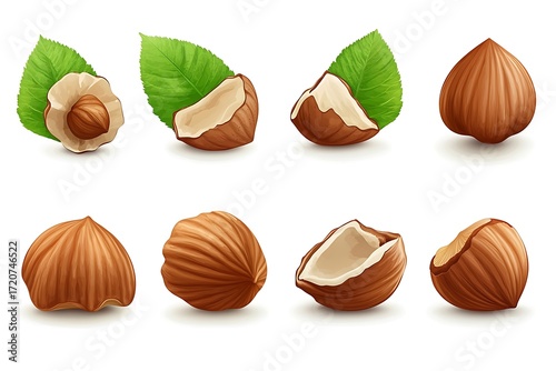 Realistic Hazelnuts with and without Shells and Leaves on White Background
