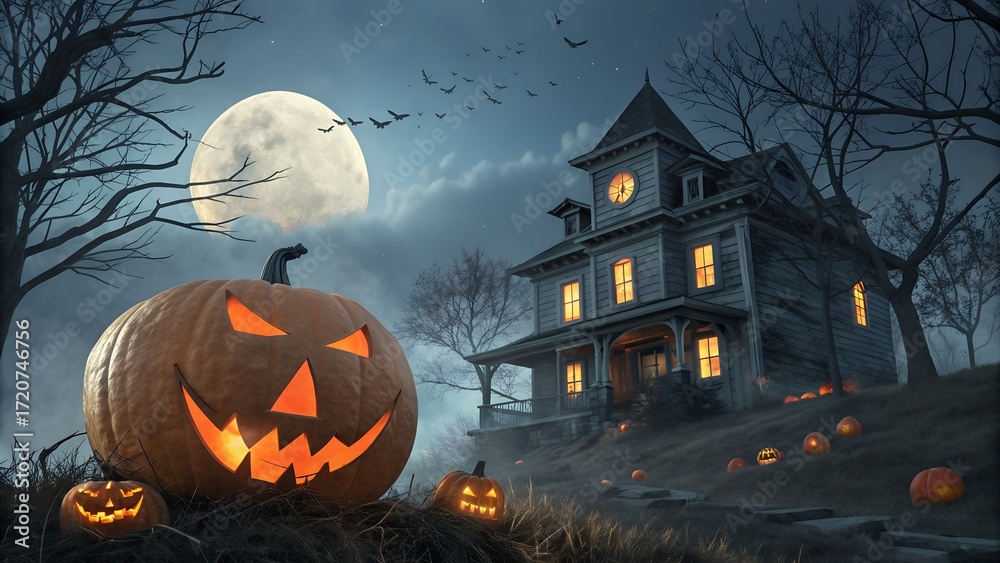 Fototapeta premium Spooky Halloween Night with Haunted House Pumpkins and a Full Moon