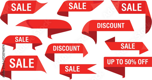 Collection of red sale and discount ribbon banner vector set editable vector