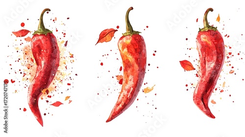 Three Red Chili Peppers Watercolor with Splatters on White Background