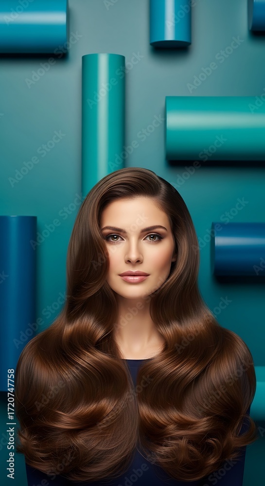 Obraz premium A captivating woman with luxurious, flowing brown hair, set against a teal background of geometric shapes.