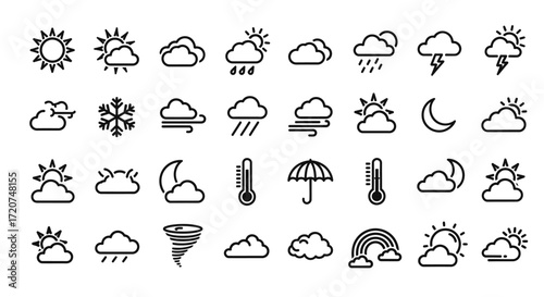 Weather icons set: sun, cloud, rain, snow, wind, thunderstorm, rainbow, thermometer, umbrella, moon.