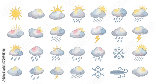 Collection of watercolor weather icons, featuring sun, clouds, rain, snow, and lightning.