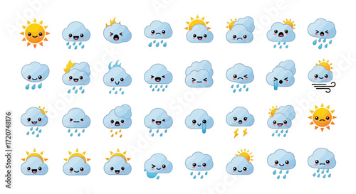 Collection of cute cartoon clouds with various weather expressions.