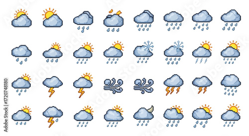 A collection of pixel art weather forecast icons showing various conditions like sun, clouds, rain, wind, and storms.
