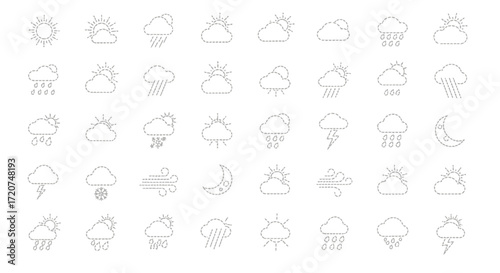 Collection of minimalist line art weather icons showing various atmospheric conditions and forecasts.