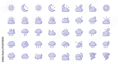 Collection of various weather icons depicting different atmospheric conditions and celestial bodies.