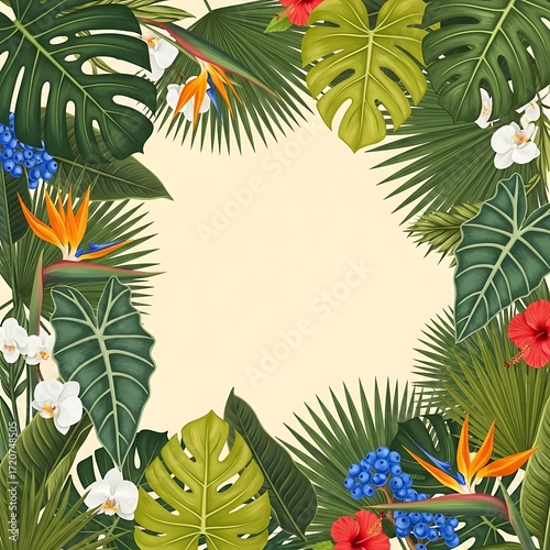 A vibrant border of lush tropical plants and flowers, featuring a variety of exotic leaves, colorful blooms, and a light beige background.