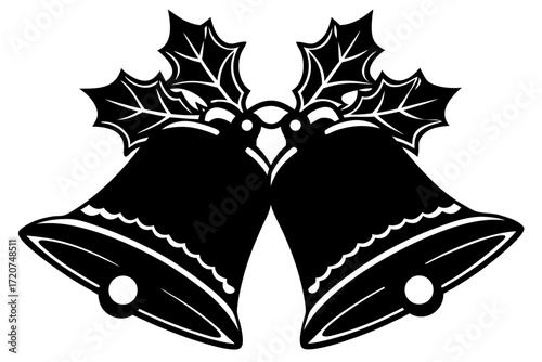 Vector art of two christmas bells with holly, vector illustration