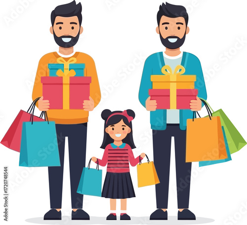 Gay couple shopping with daughter holding gifts and shopping bags art