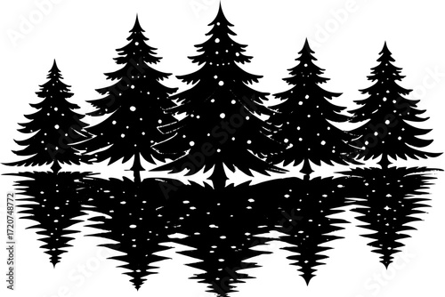 Vector art of silhouette of five pine trees reflected in water