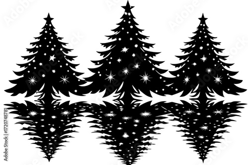 Vector art of silhouette of three christmas trees reflected in water