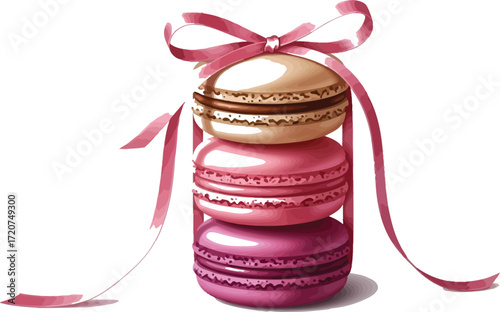 Stack of colorful macarons with pink ribbon on a clean white backdrop