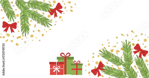 Christmas background with gifts and pine branches for holiday season