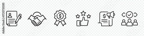 Business doodle outline icon collection with document contract, handshake agreement, award ribbon, star rating with thumbs up, invoice marketing paper, teamwork collaboration