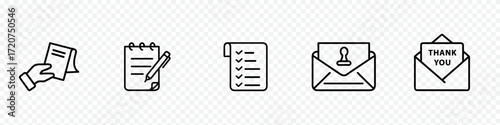 Creative doodle outline icon pack including hand holding paper, writing notepad, checklist document, email envelope with stamp, thank you card message, designed for communication, correspondence, note