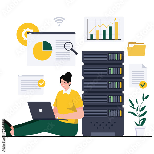 Hosting Illustration. Vector illustration of Engineer using a laptop beside servers with analytic panels and charts, illustrating performance monitoring and data management. Isolated on background