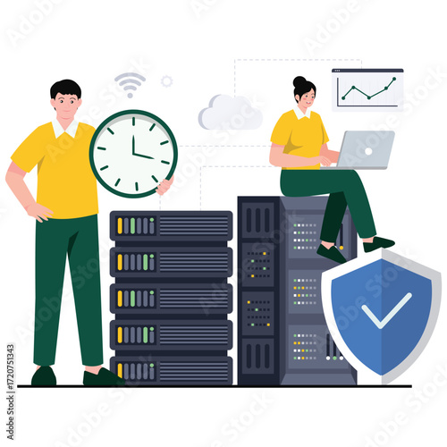 Hosting Illustration. Vector illustration of Team with servers, a large clock, and a shield checkmark, conveying reliable uptime, network security, and stable hosting services. Isolated on background