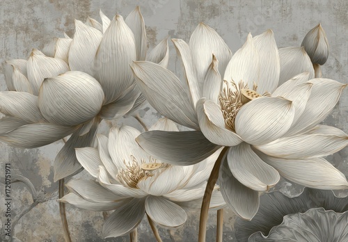 Elegant, detailed illustration of multiple light beige lotus flowers set against a muted gray background.