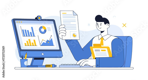 A businessman at his desk analyzes financial data charts on a computer while holding a report.