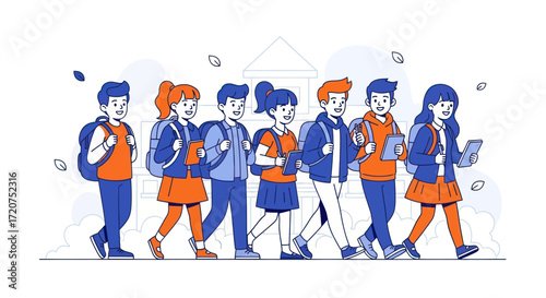 Students walking together to school in autumn, carrying backpacks and tablets.