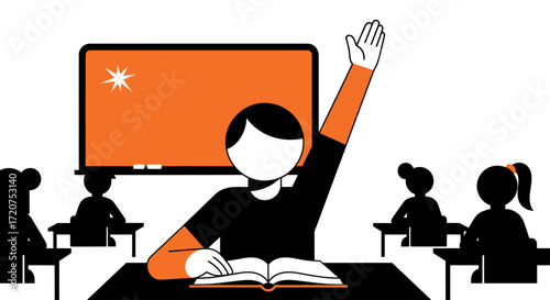 Student raising hand in classroom, asking question during lesson.
