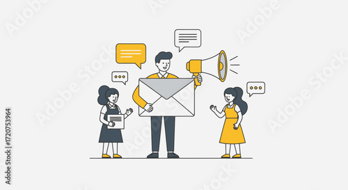 Businessman holding an email envelope, using a megaphone to communicate with two children, representing email marketing to a young audience.